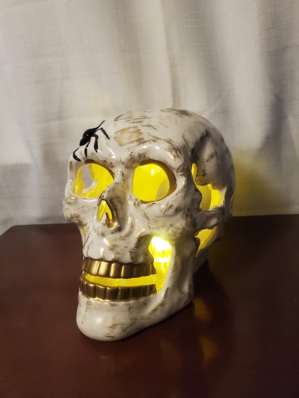 Blue Sky Large Halloween Skull Candle Holder 7.5" Tall Spider Gold Teeth
